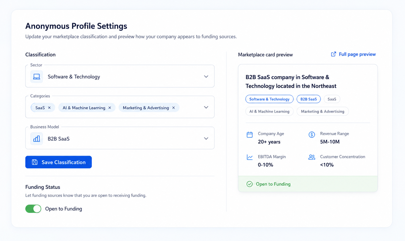 Anonymous Profile Settings: a company sets its sector, categories and business model, toggles Open to Funding, and previews the anonymized marketplace card that funding sources see