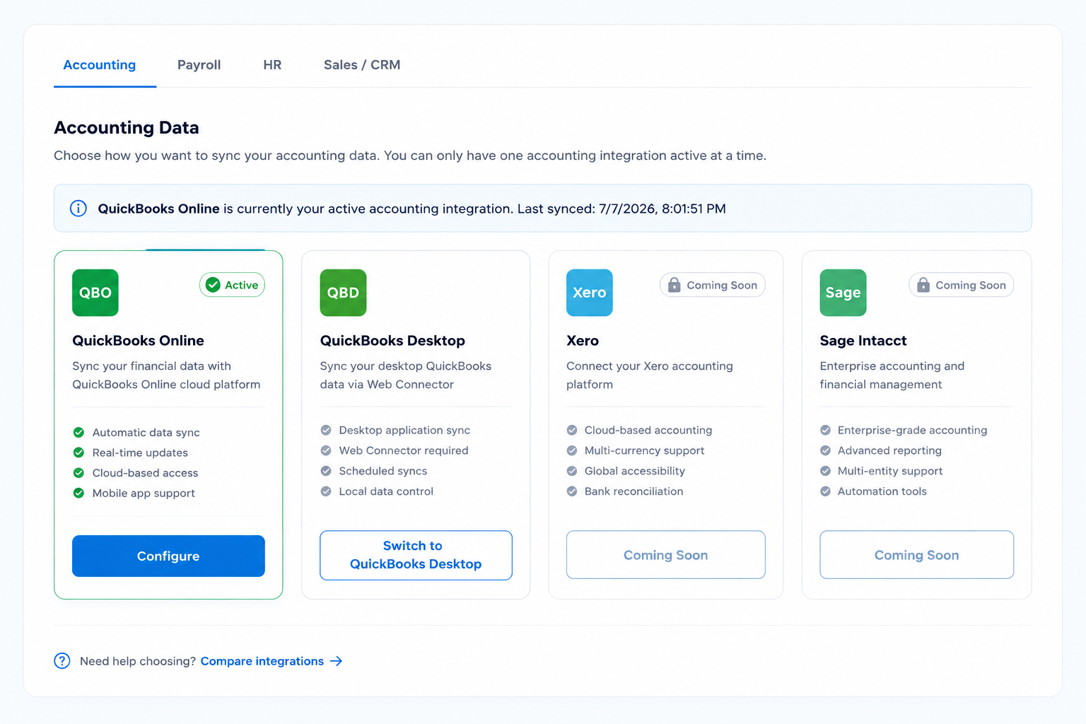 Resourceful integrations screen showing QuickBooks Online connected and active, with QuickBooks Desktop, Xero and Sage options across Accounting, Payroll, HR and Sales/CRM tabs