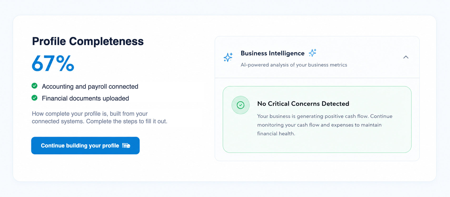 Funding preparation summary aligned with debt funding opportunities and equity investments, beside a Business Intelligence card reading No Critical Concerns Detected with positive cash flow